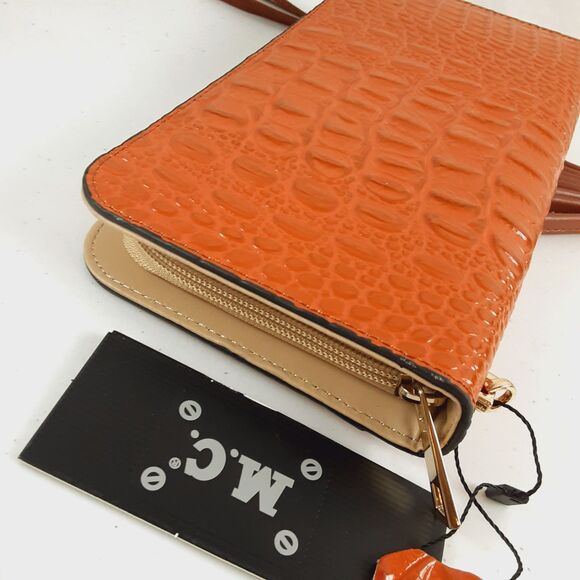 Melodie Cecile M.C. Orange Crossbody Wallet Croc Print Skin Leather Zip Around - Picture 12 of 16